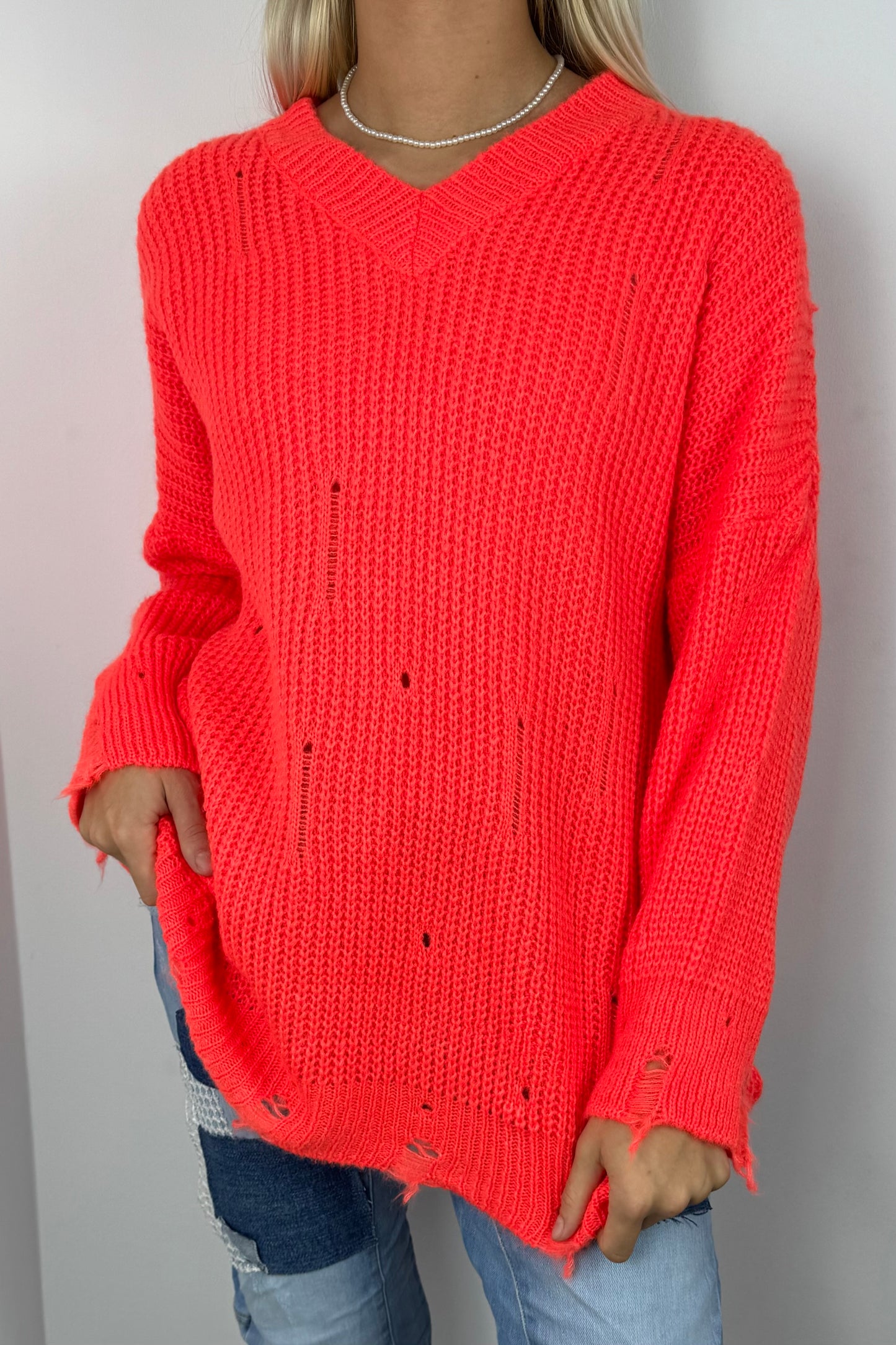 Oversize Strickpullover mit V-Ausschnitt – Orange
