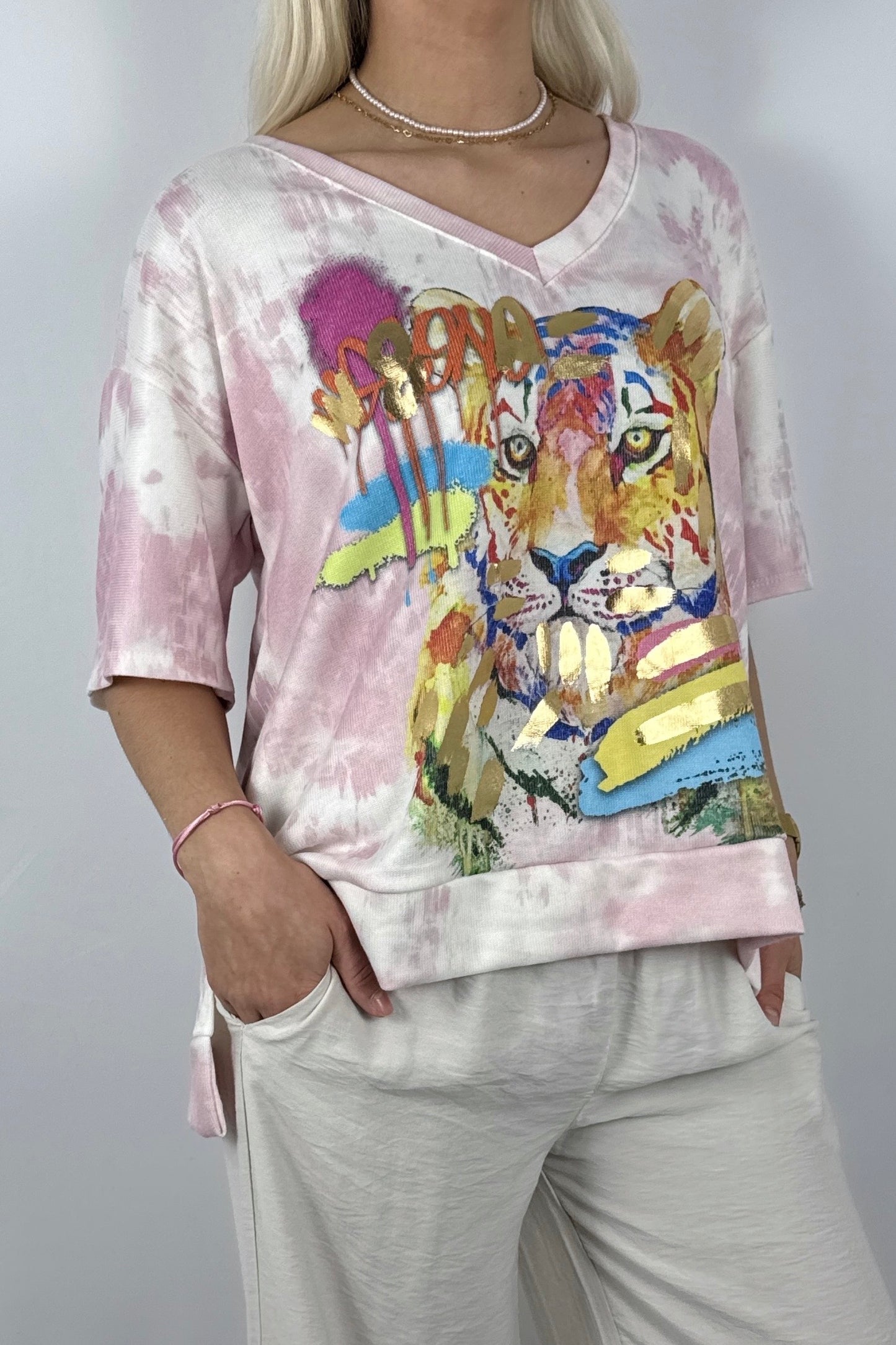 Oversize Damen Shirt mit Tiger Print und V Ausschnitt-Rosa