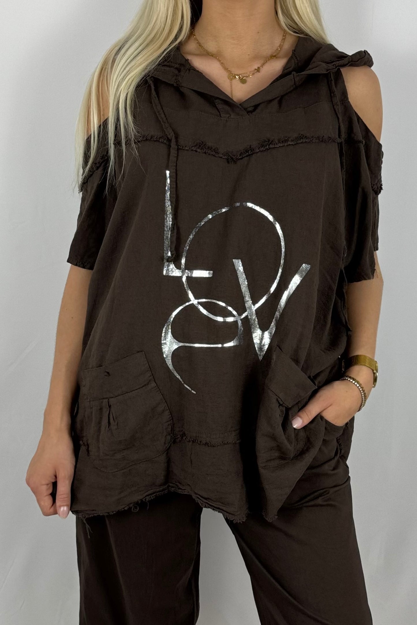 Leinen-Top mit Kapuze & LOVE-Print-Schoko