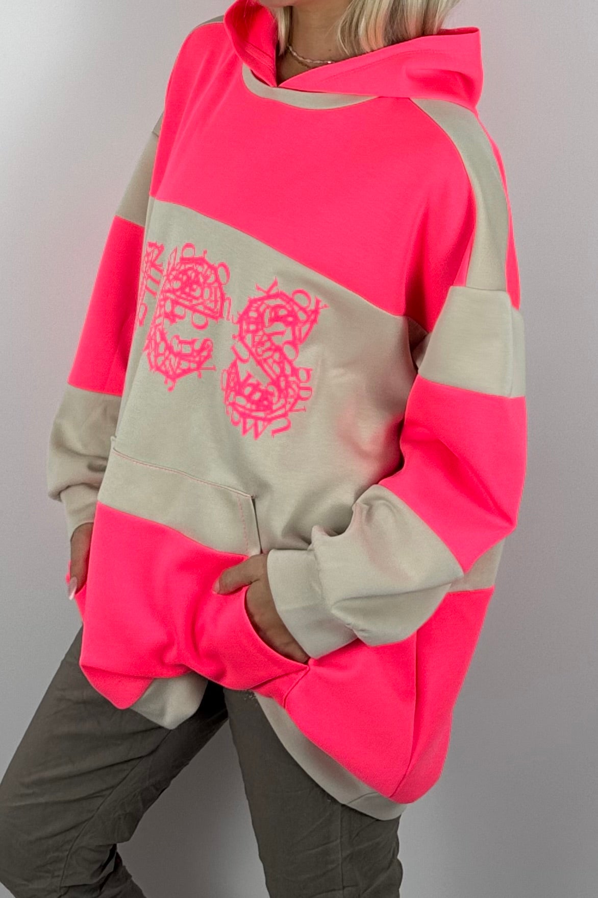 Damen Oversize-Hoodie mit Statement-Print-Neon Pink