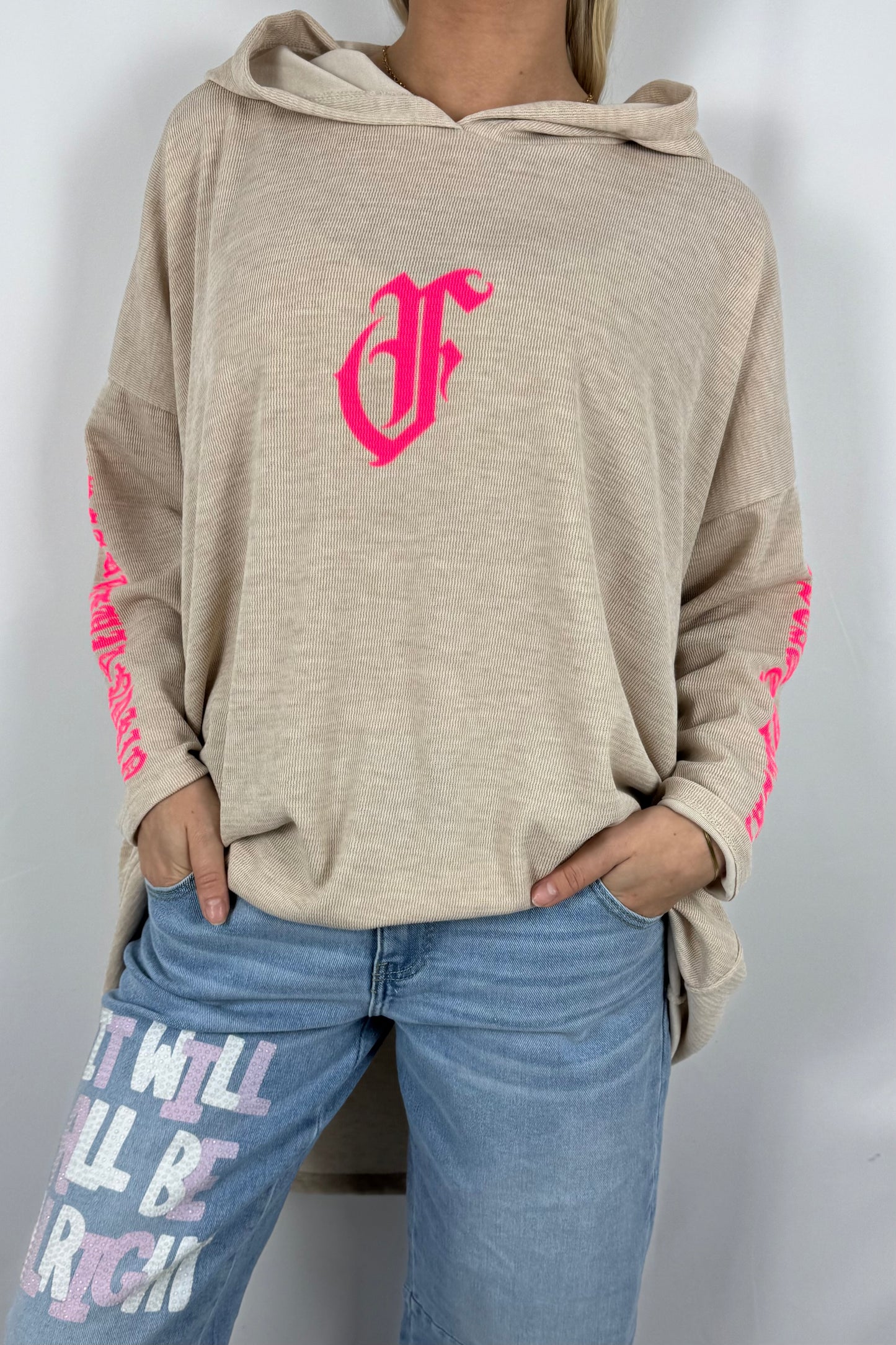Damen Hoodie mit Frontprint und Schriftzug an den Ärmeln-Beige