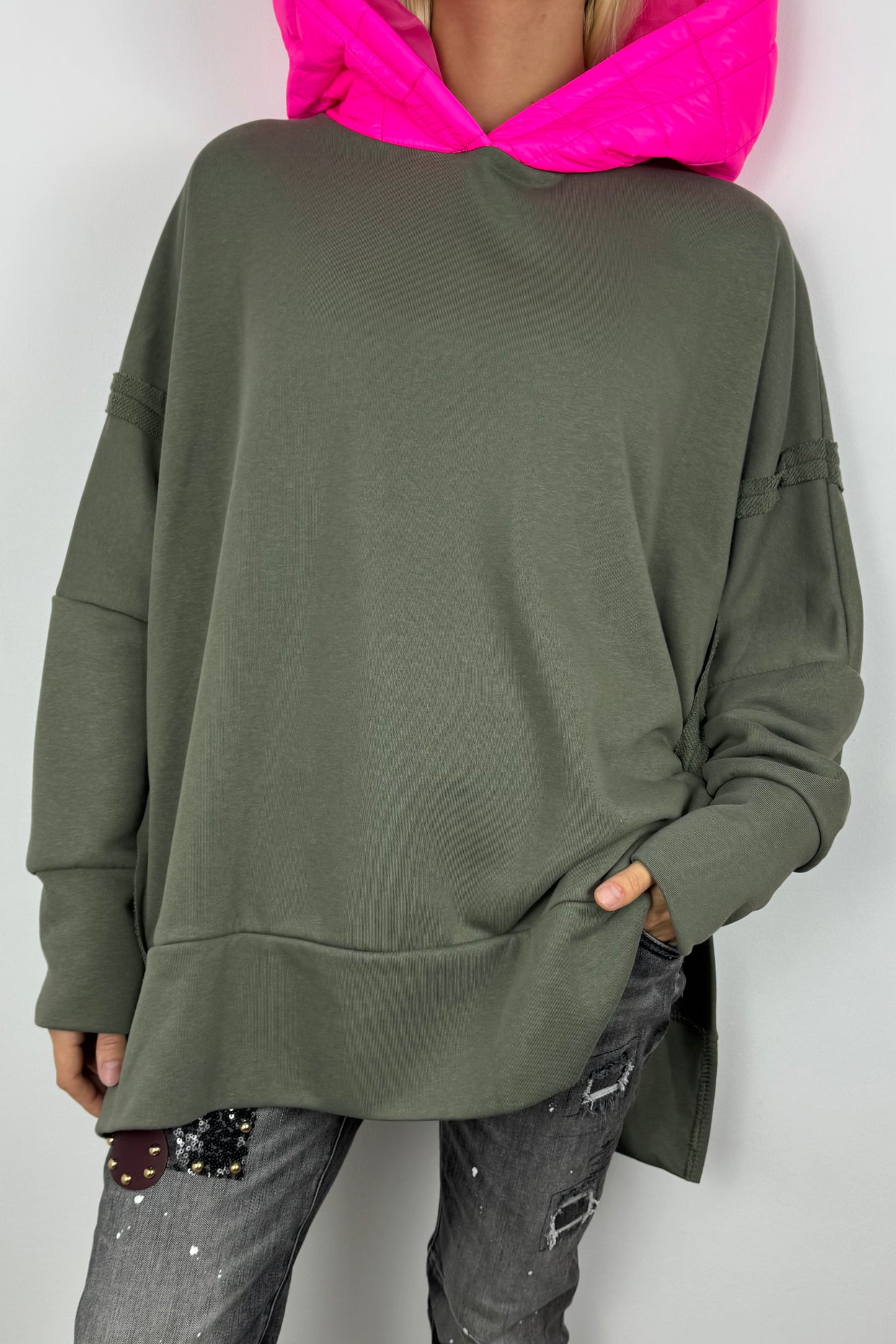 Oversize Hoodie mit Kontrastkapuze –Khaki