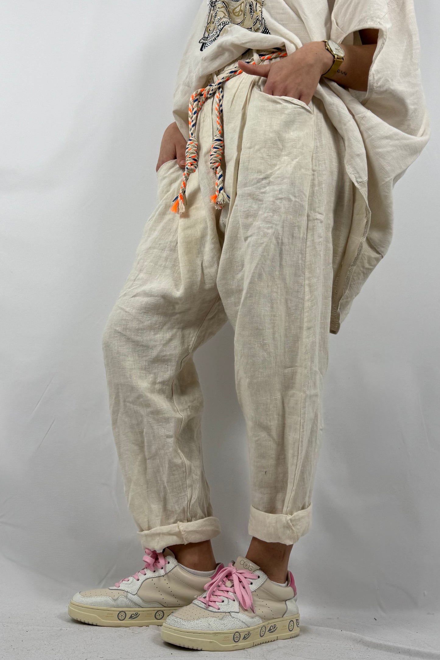 Damen Leinenhose mit Flechtgürtel-Butter