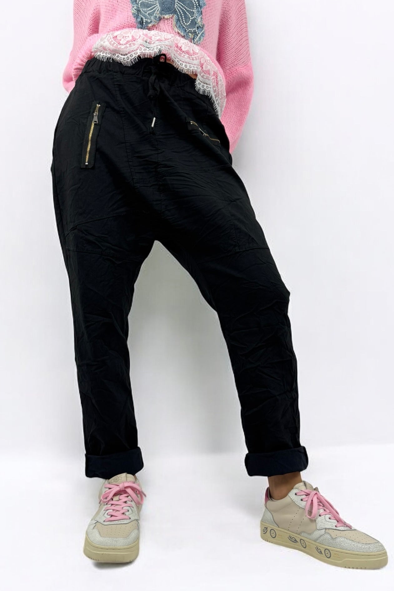 Hose mit elastischem Bund & Reißverschlusstaschen-Schwarz