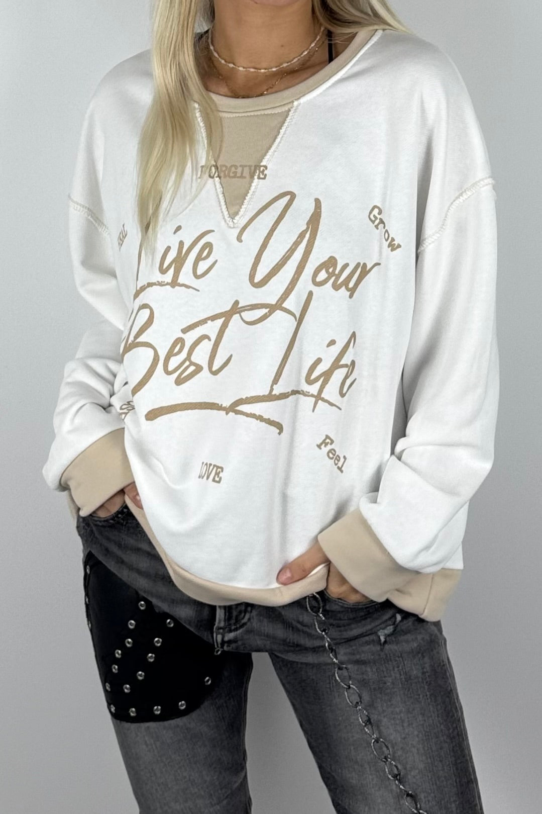 Damen-Sweatshirt mit „Live Your Best Life“-Print-Weiß