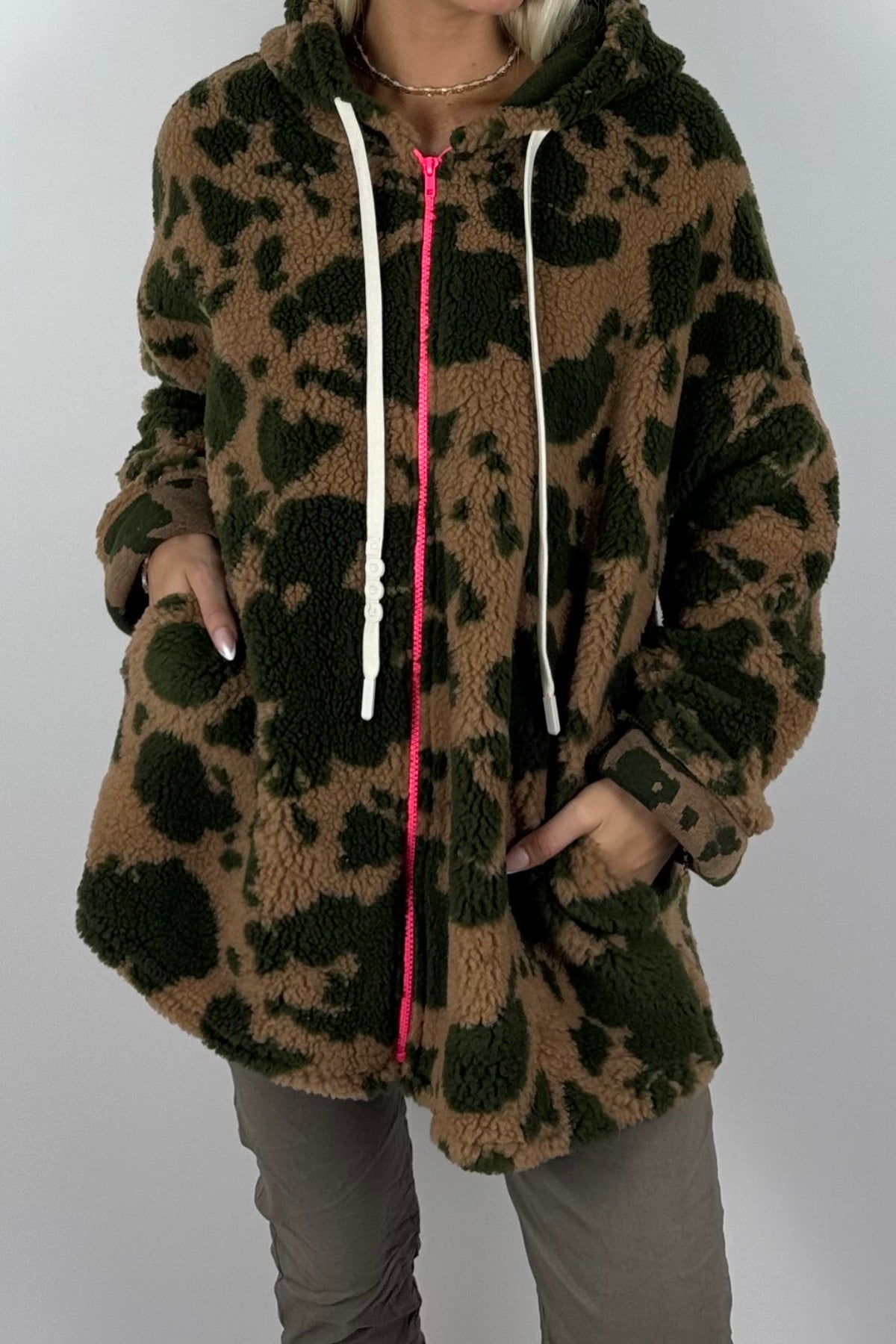 Damen Teddyjacke mit Kapuze-Khaki