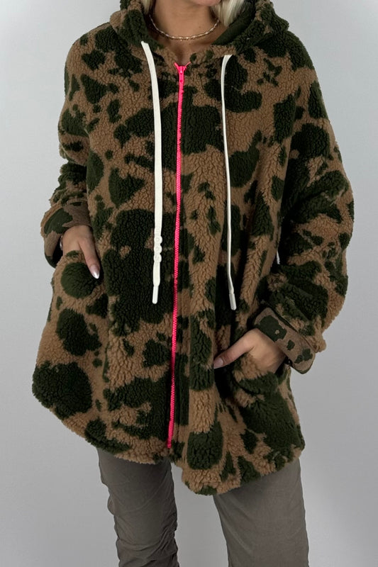 Damen Teddyjacke mit Kapuze-Khaki