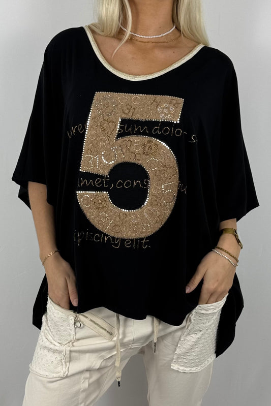 Oversize-Shirt mit Strass-Applikation „5“-Schwarz