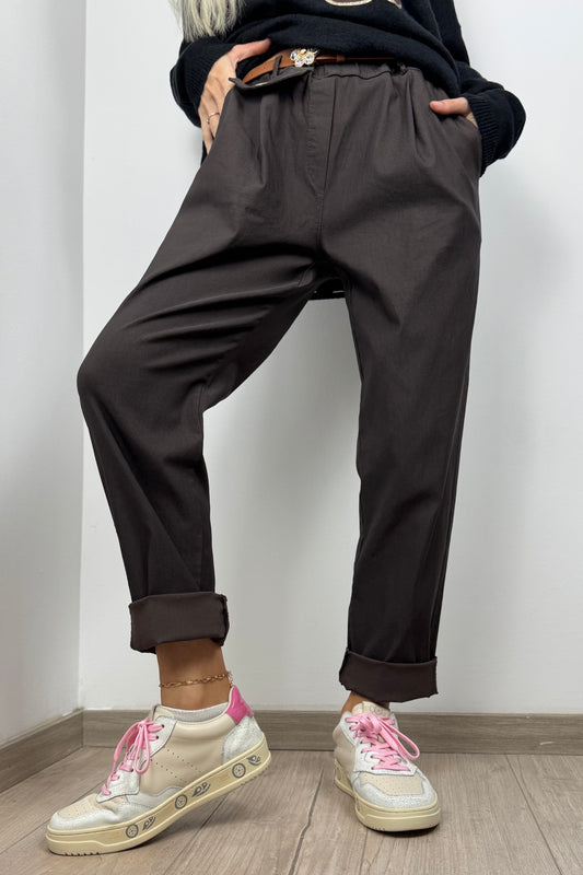 Elegante Stoffhose mit Gürtel-Chocolate