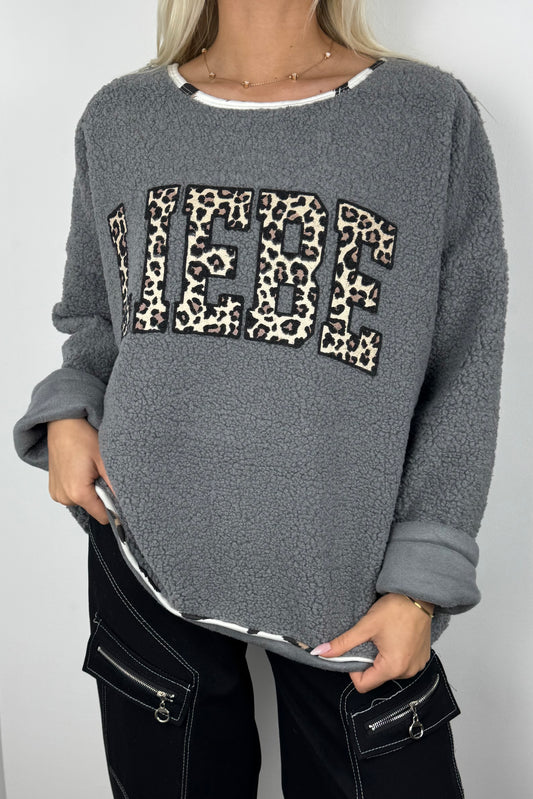 Oversize Teddy Pullover „LIEBE“ –Grau