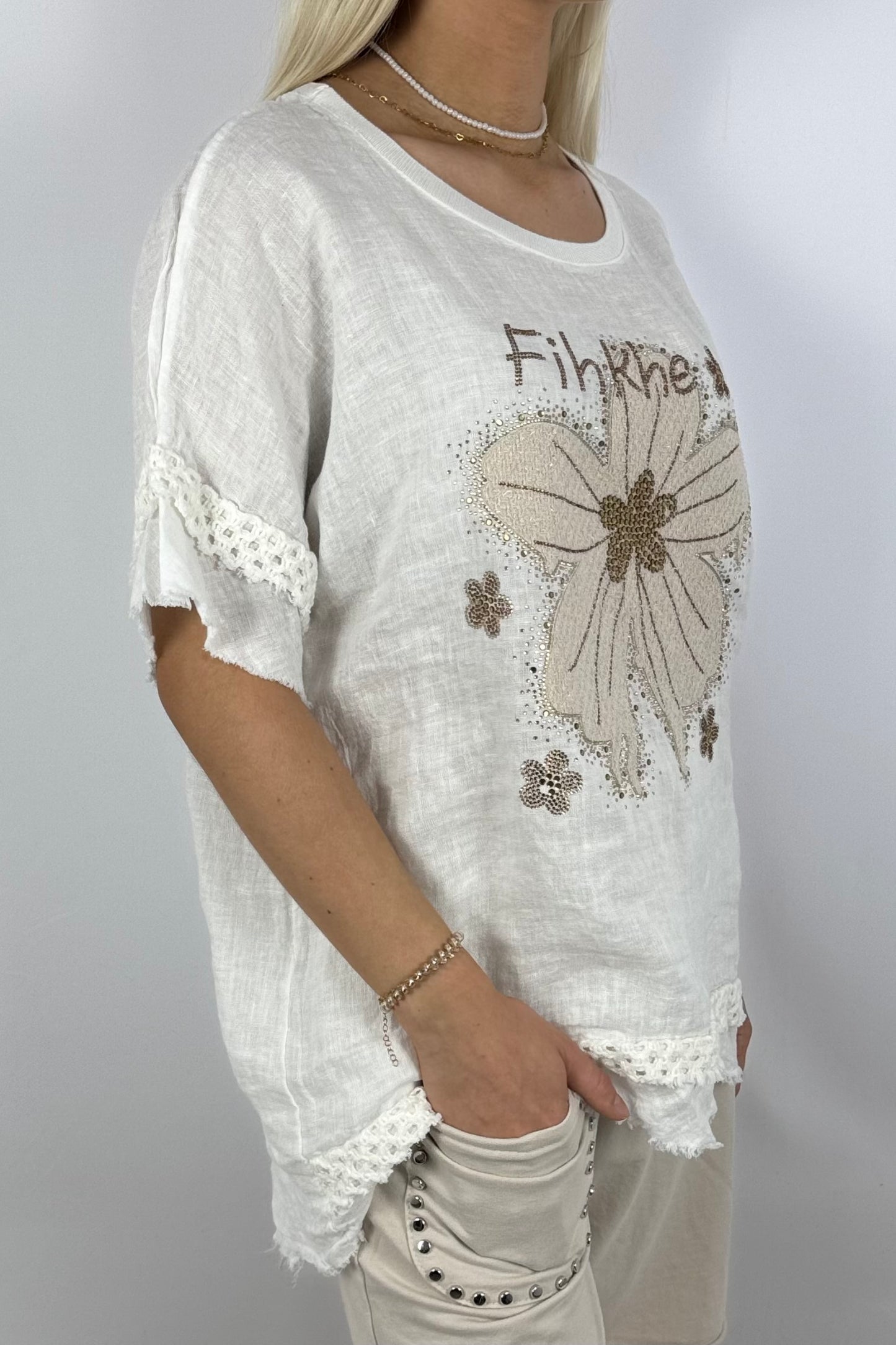 Leinen-Shirt mit Blumenprint & Häkel-Details-Weiß