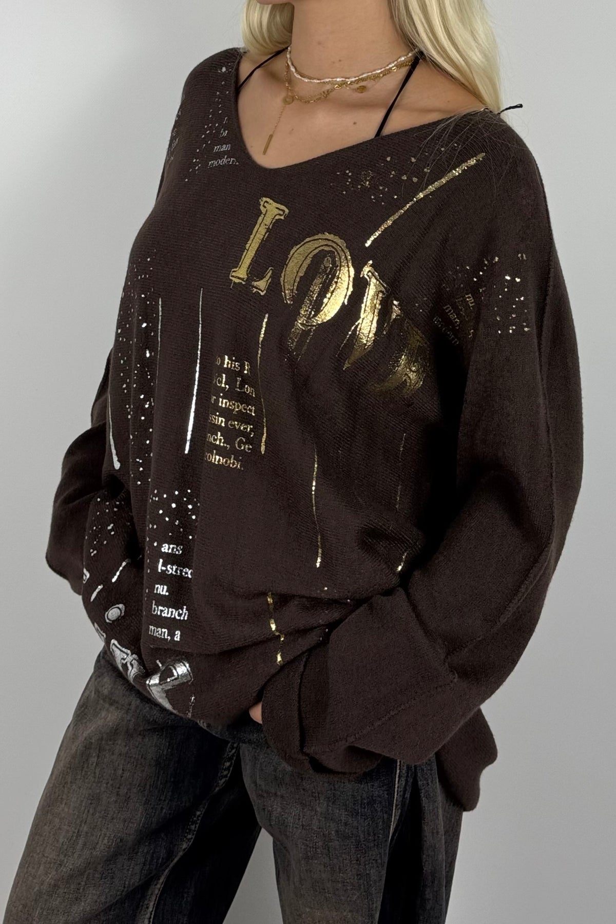 Oversize Shirt mit V-Ausschnitt & Metallic-Print-Coffee