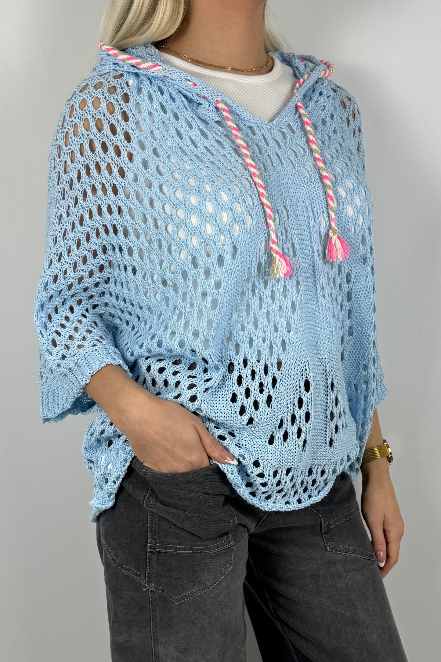 Häkel Hoodie Shirt mit Lochmuster Damen-Hellblau