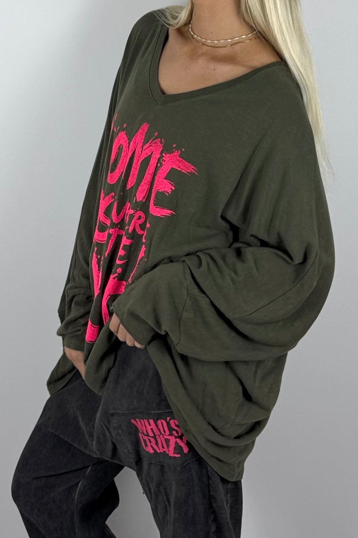 Damen Oversize-Shirt mit Statement-Print-Khaki
