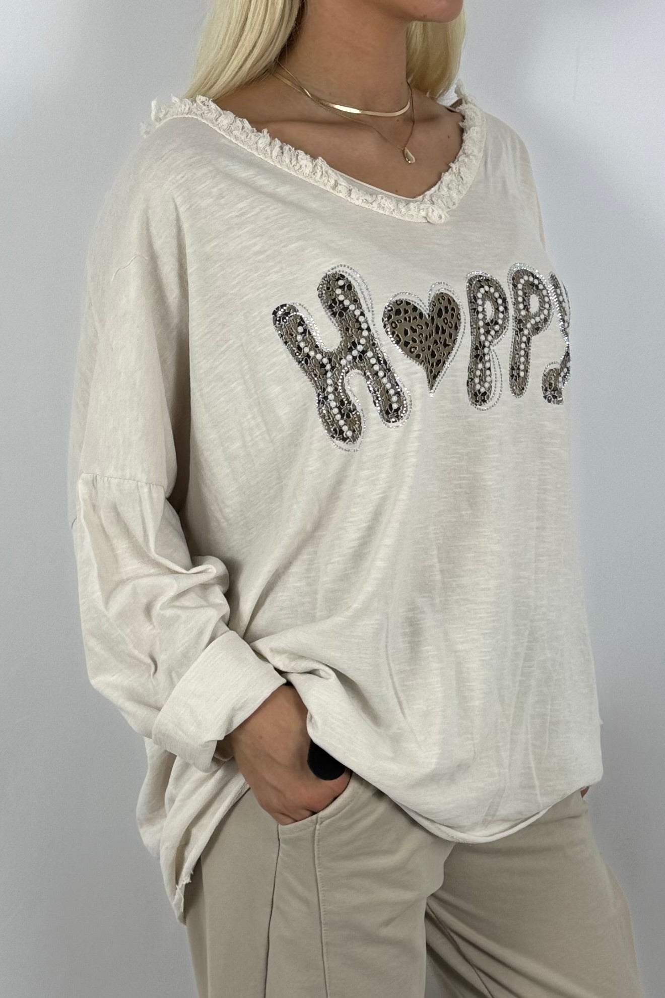 Damen Oversize Shirt – Happy Print-Beige