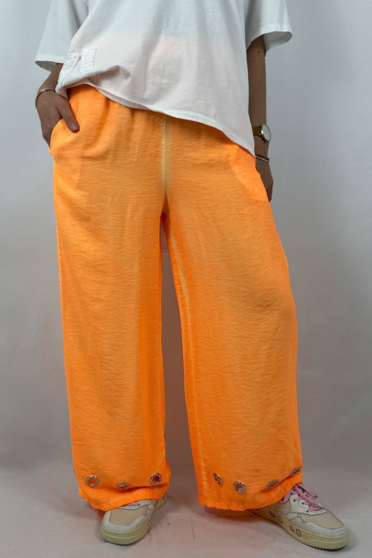 Damen Hose mit weitem Bein und Ösen Details - Neon Orange
