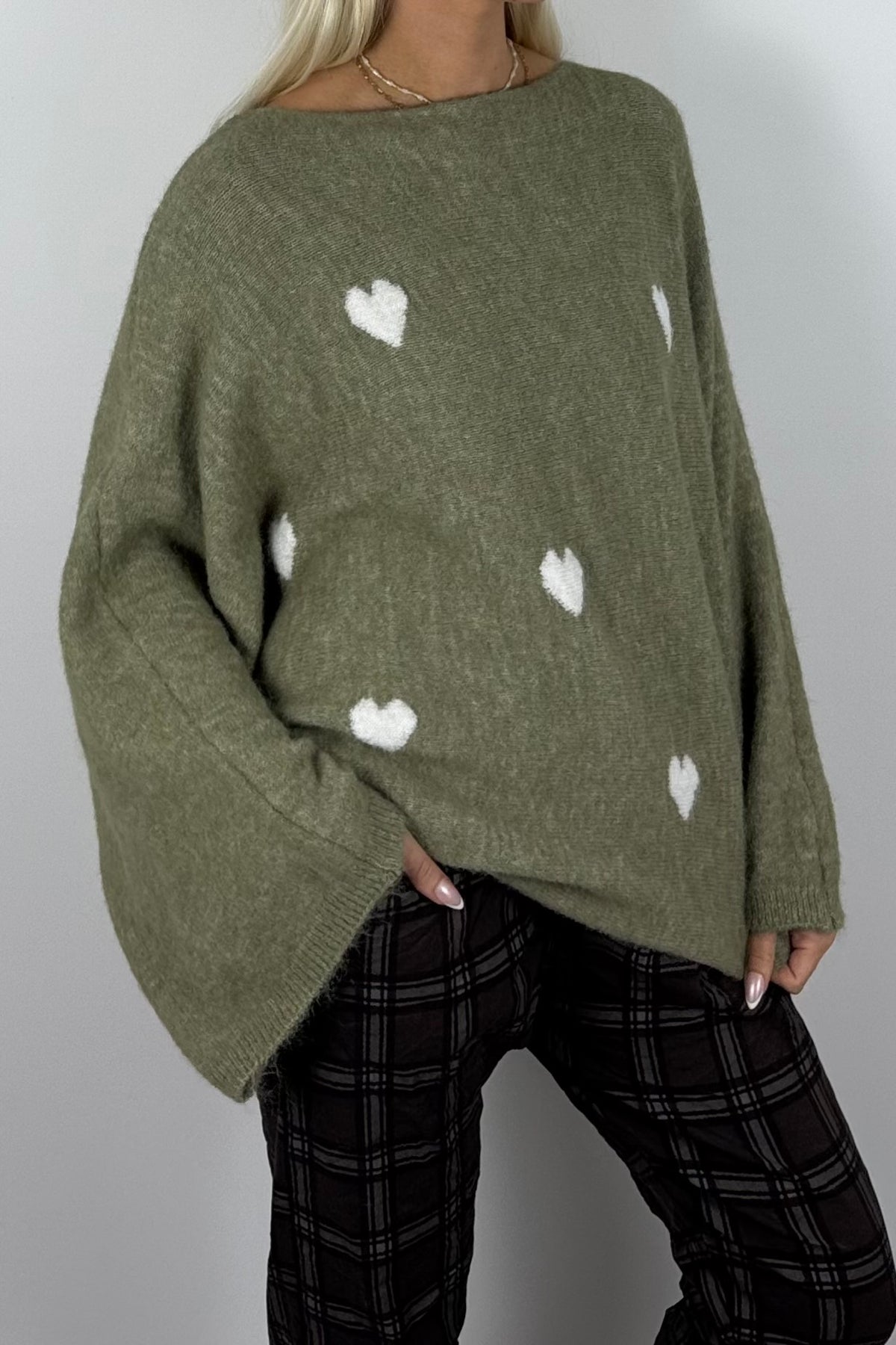 Damen Oversize-Strickpullover mit Herzmuster-Hell Khaki