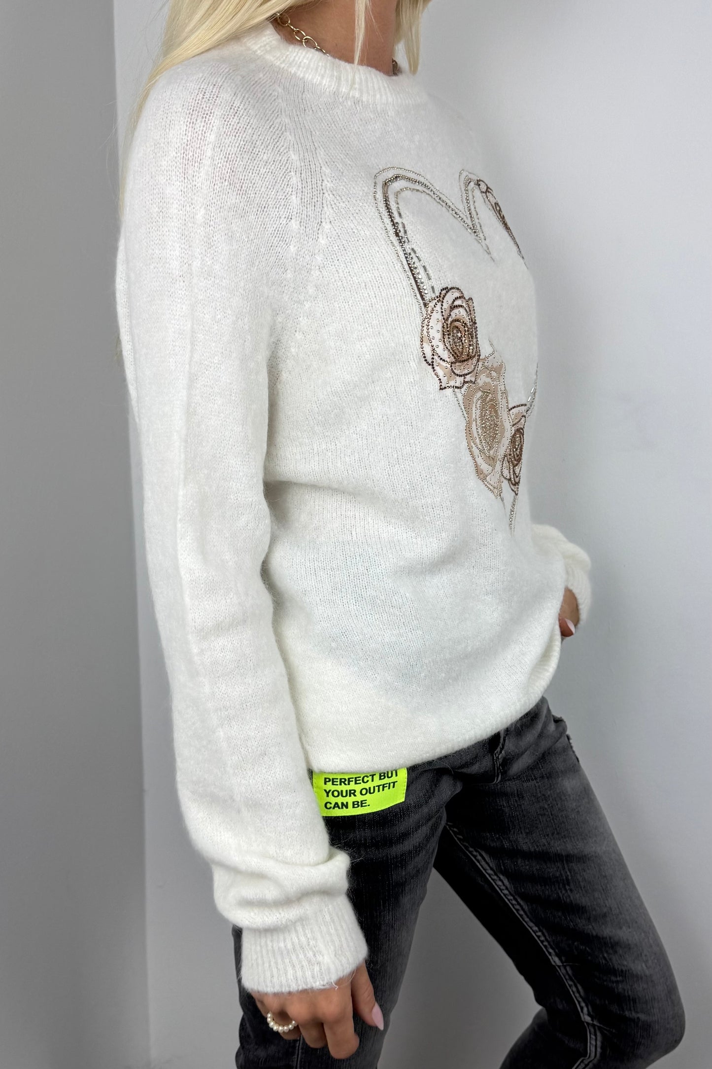 Pullover mit Herz- und Rosen-Design-Weiß