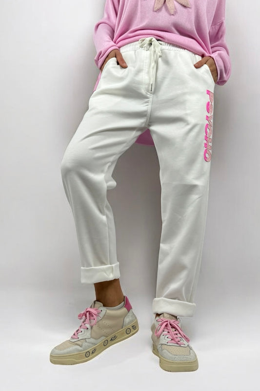 Hose mit elastischem Bund & Schriftzug „PSYCHO“-Weiß