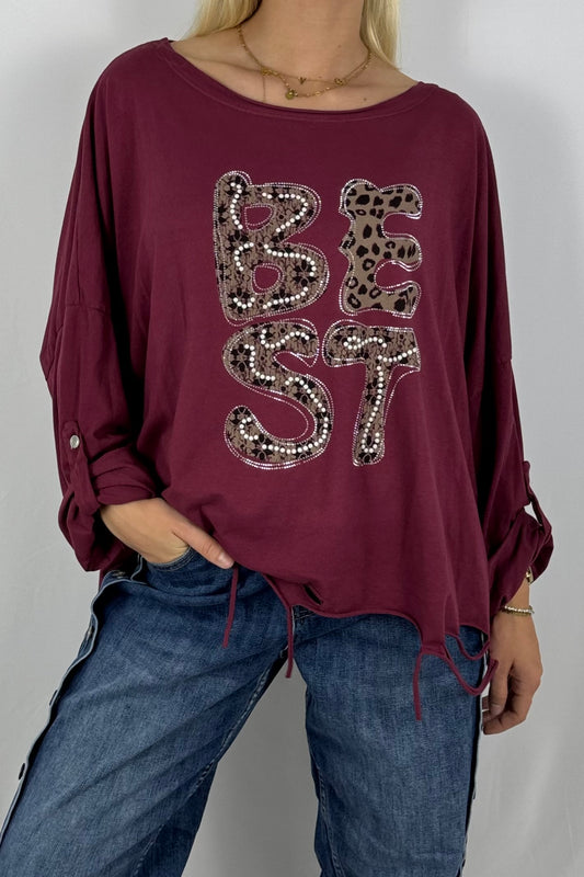 Oversize-Shirt „BEST“ mit Leo-Print und Strass-Details-Bordeaux