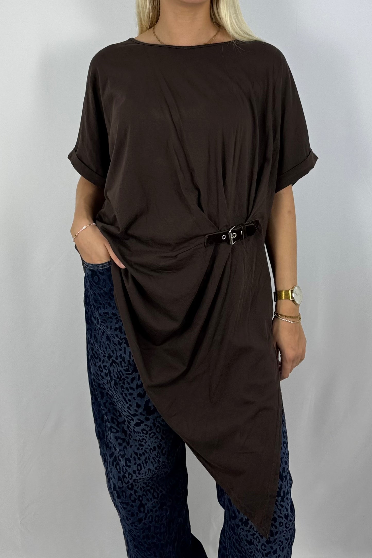 Damen Longshirt mit Schnalle – Oversize-Schoko