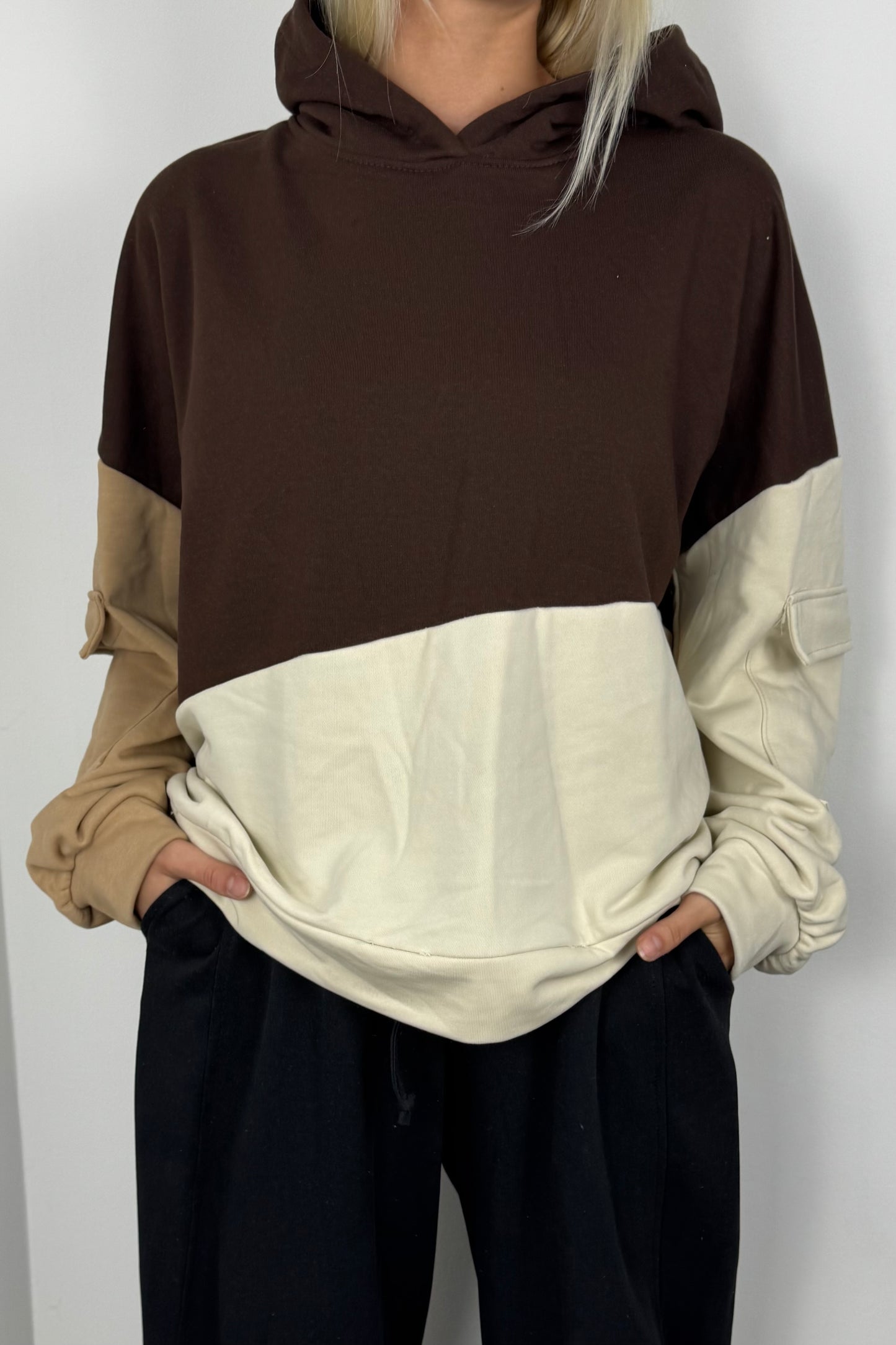 Oversize Damen Hoodie mit Farb-Block Design-Choco