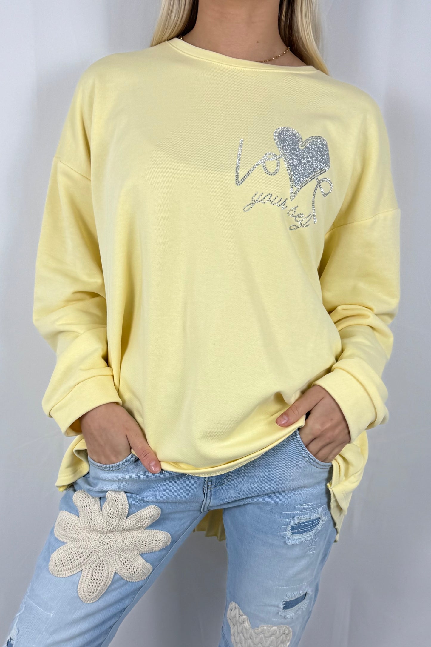 Damen Sweatshirt mit Glitzer Herz & Plissee Einsatz-Gelb