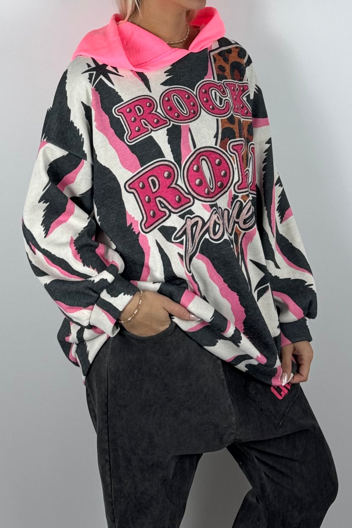 Damen Oversize Hoodie „Rock & Roll Power“-Beige
