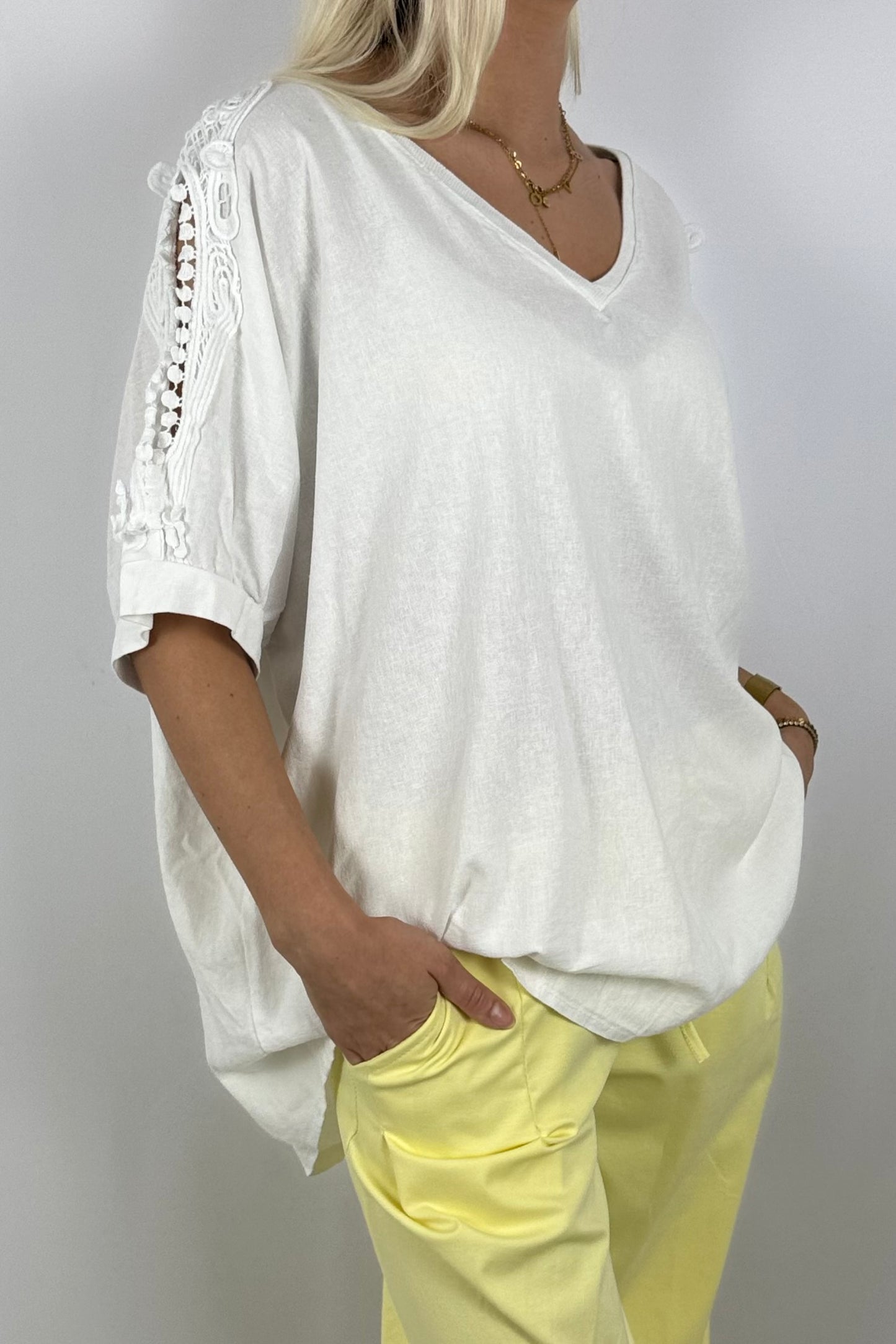 Leinen-Viscose Shirt mit Häkelspitze – luftig & feminin-Weiß