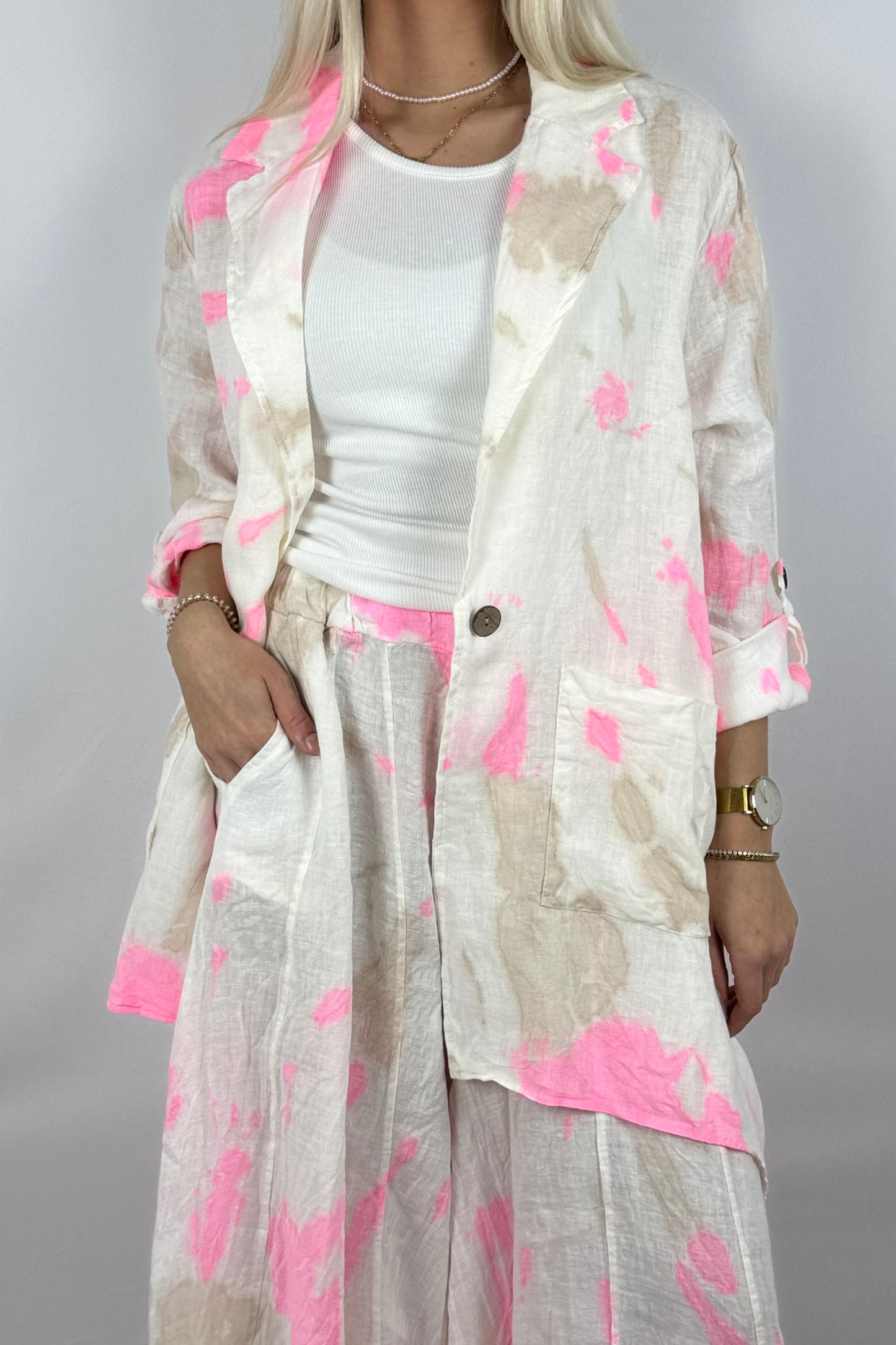 Leinen Bluse mit Batik Muster – Lockerer Oversize Style-Neon Pink