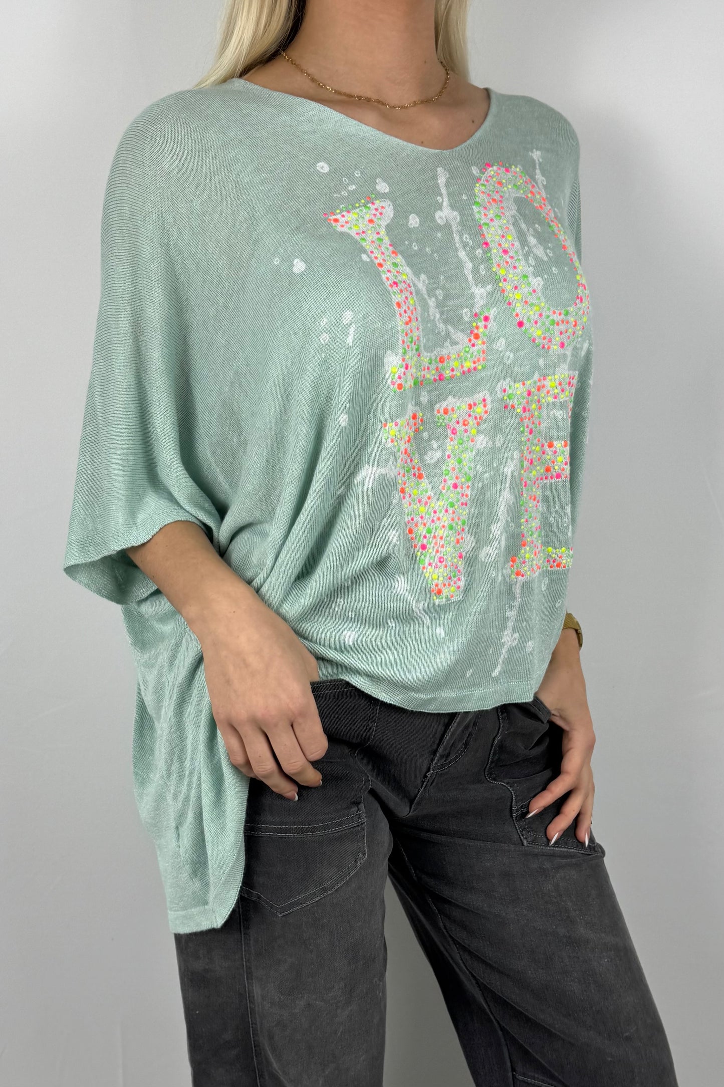 Strickshirt LOVE mit Strass Details Damen-Mint