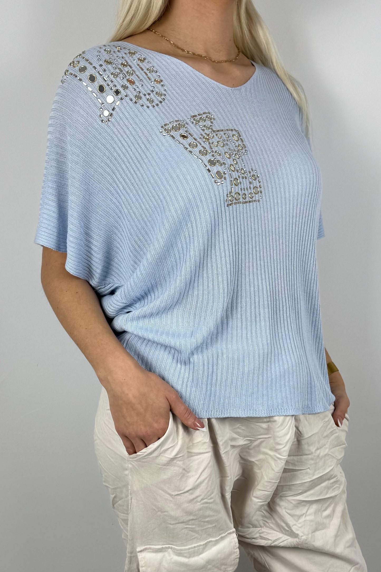 Strickshirt LOVE mit Glitzersteinen Damen-Hellblau