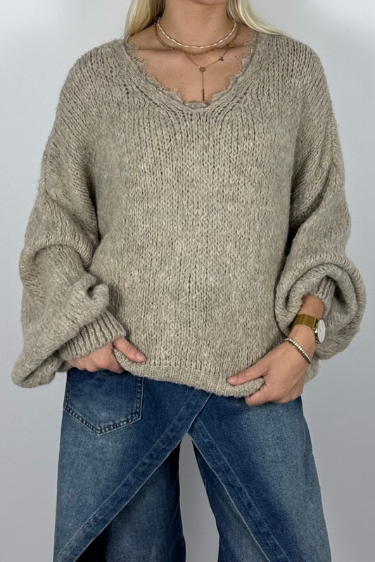 Damen Oversize Strickpullover mit V-Ausschnitt –Beige