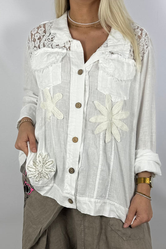 Leichte Bluse mit Häkelblumen & Spitzendetails-White