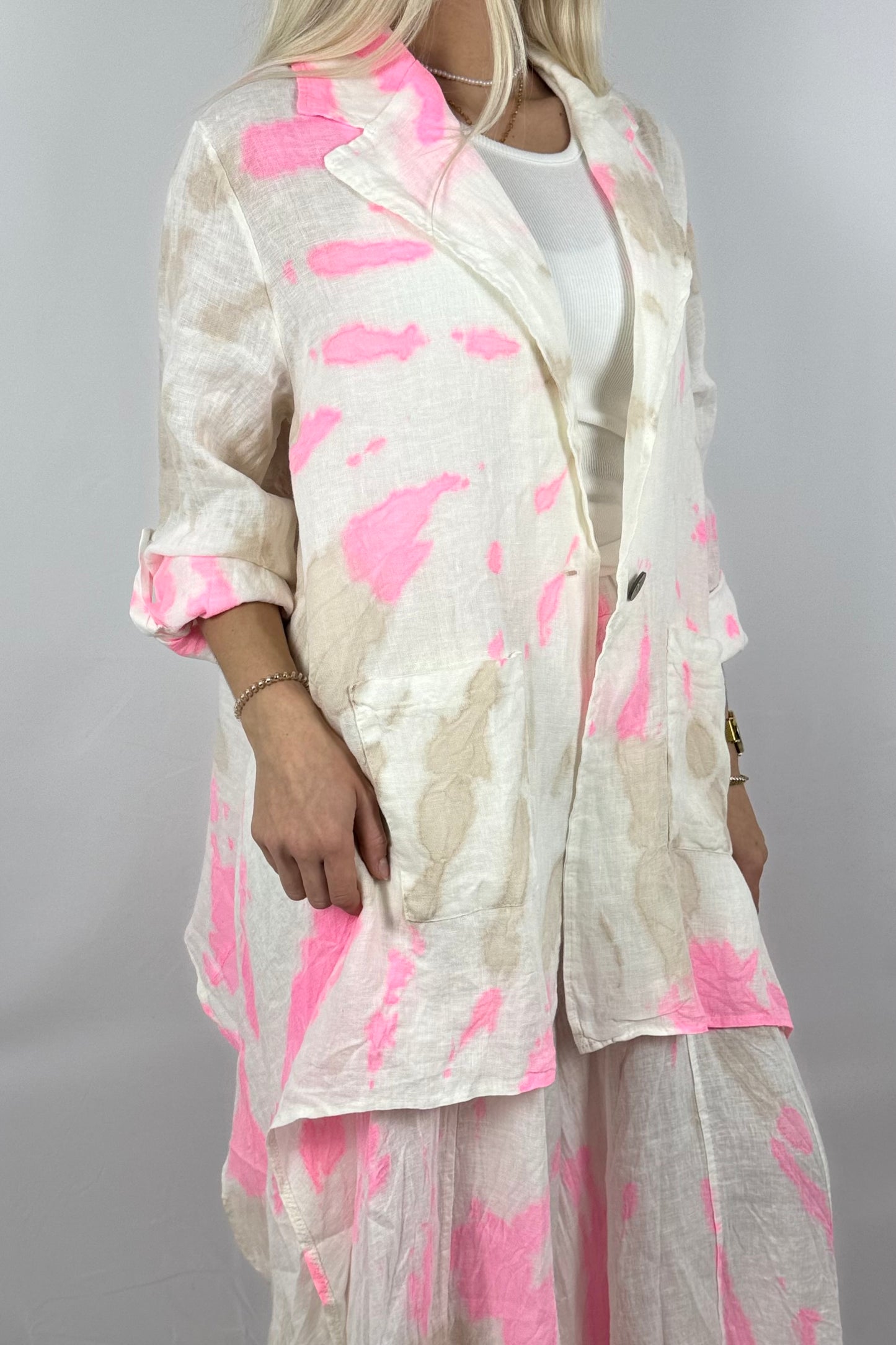 Leinen Bluse mit Batik Muster – Lockerer Oversize Style-Neon Pink
