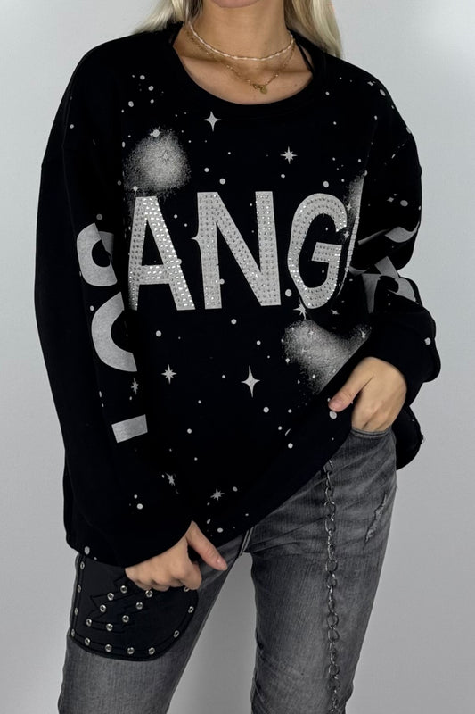 Damen-Sweatshirt mit „Los Angeles“-Schriftzug und Glitzersteinen - Schwarz