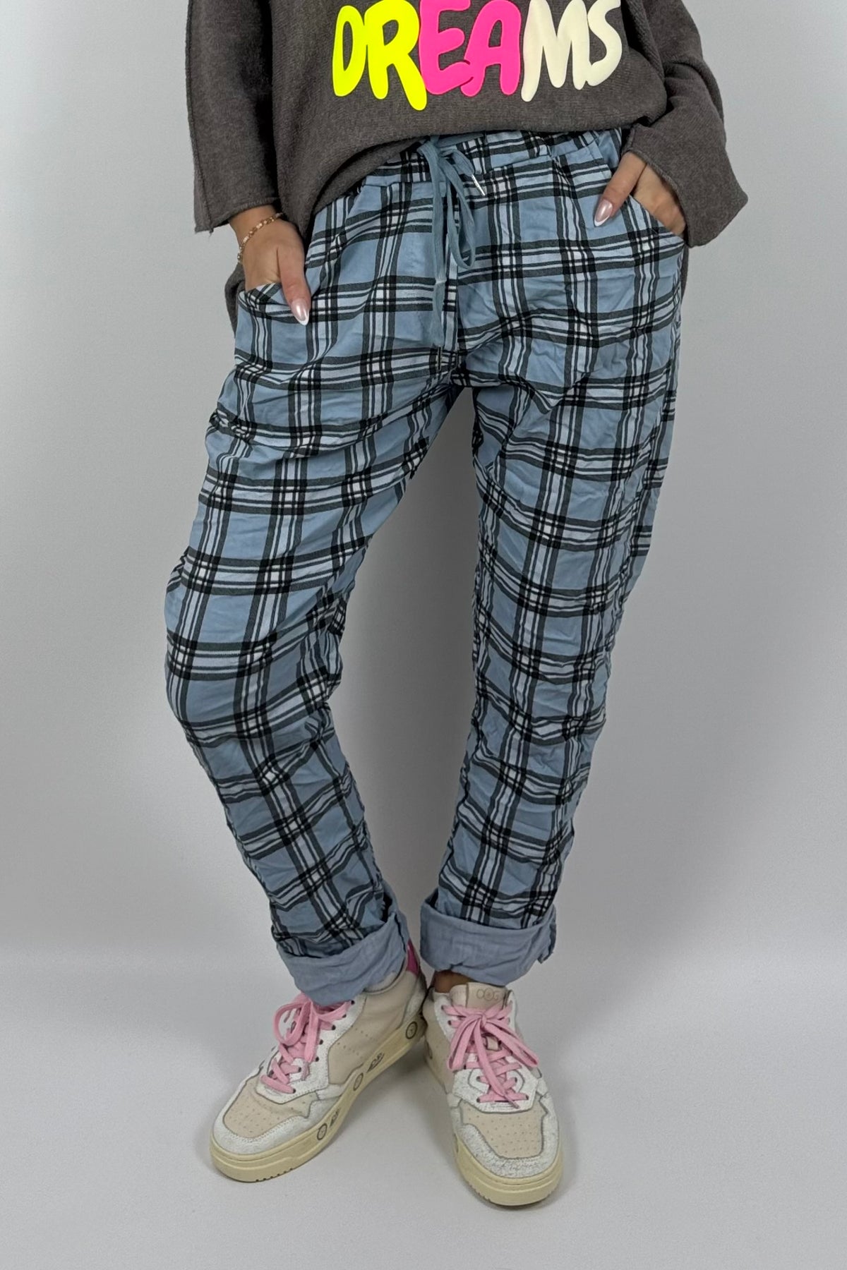 Damen Schlupfhose mit Karomuster- Blau