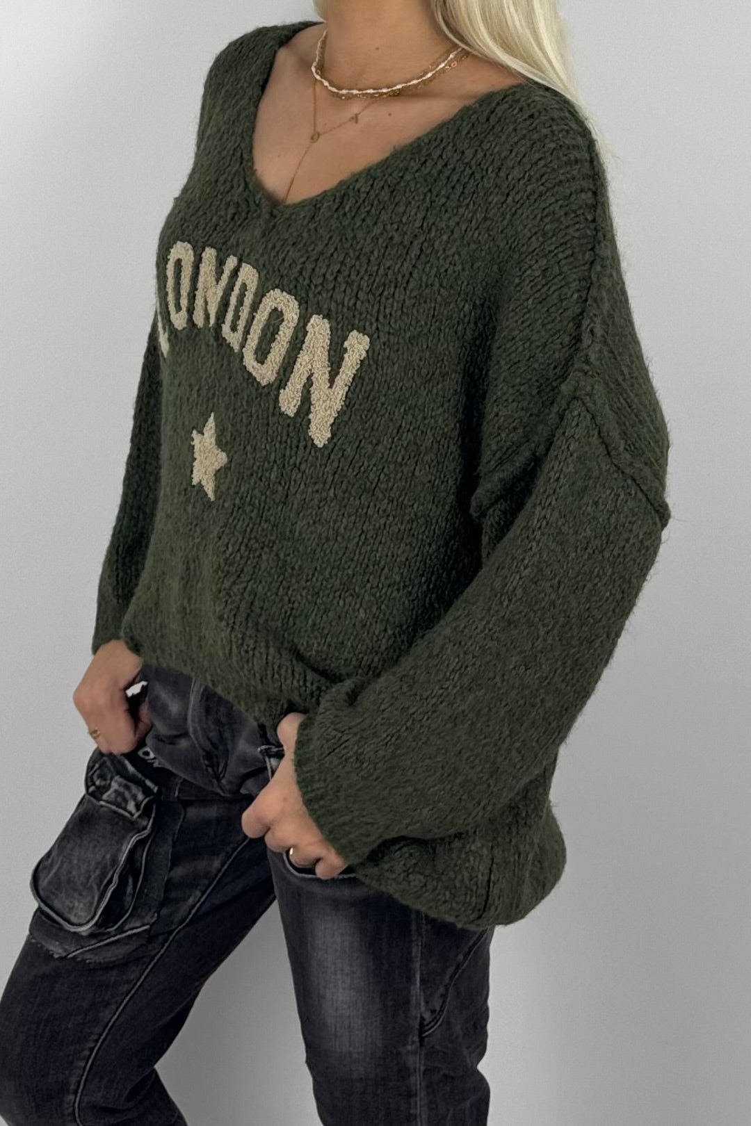 Damen Oversize Strickpullover mit London-Schriftzug –Khaki