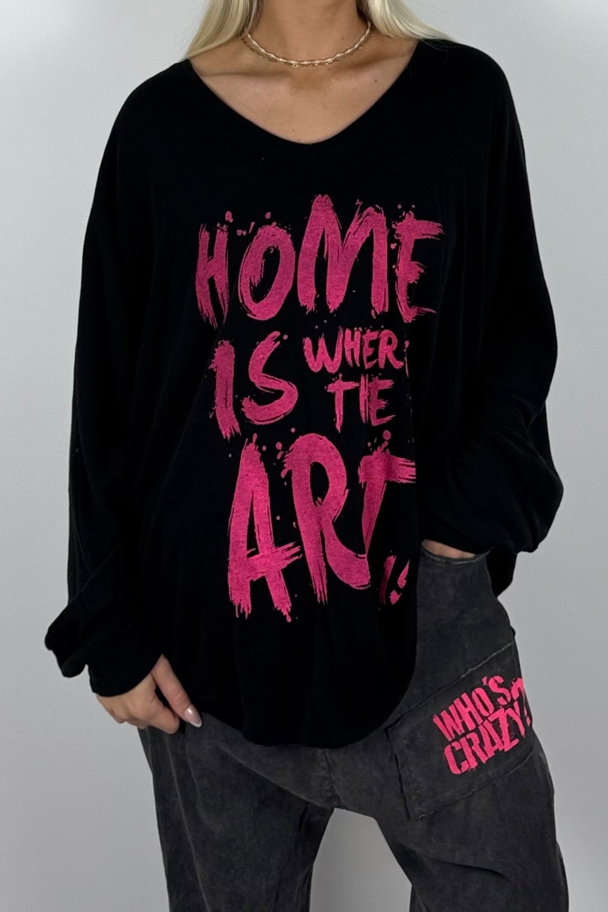 Damen Oversize-Shirt mit Statement-Print-Schwarz