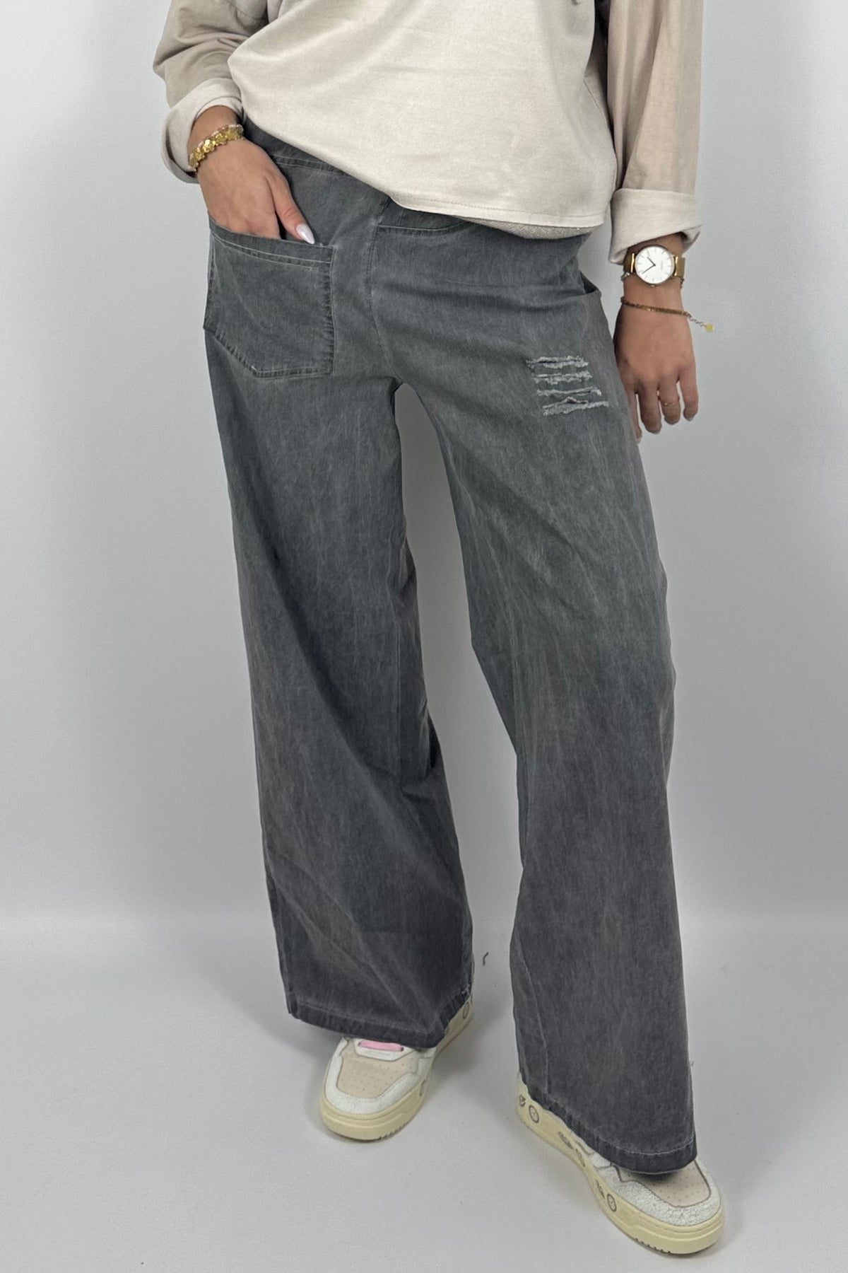 Damen Wide-Leg Hose mit Destroyed-Details – Anthrazit