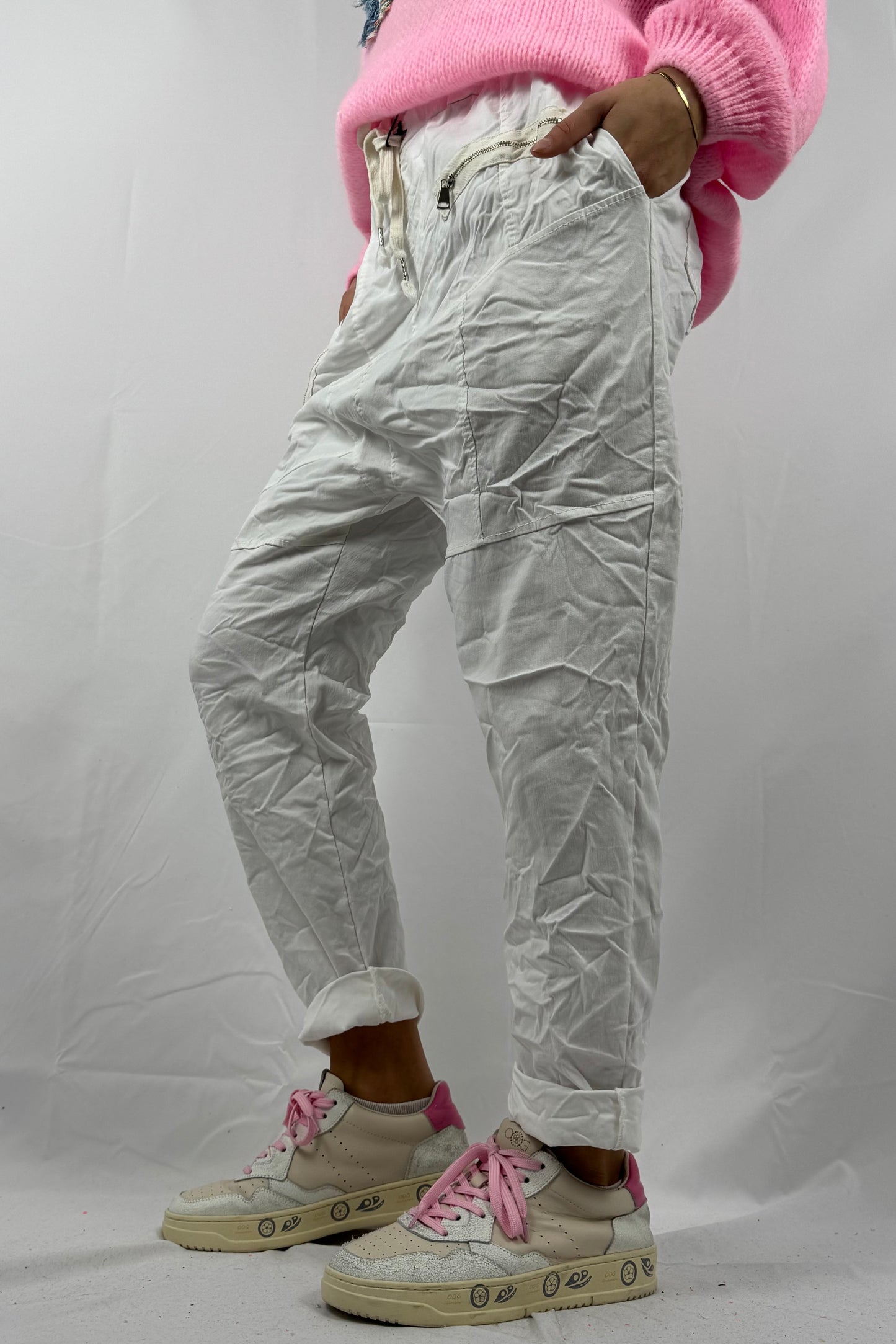 Hose mit elastischem Bund & Reißverschlusstaschen-Weiß