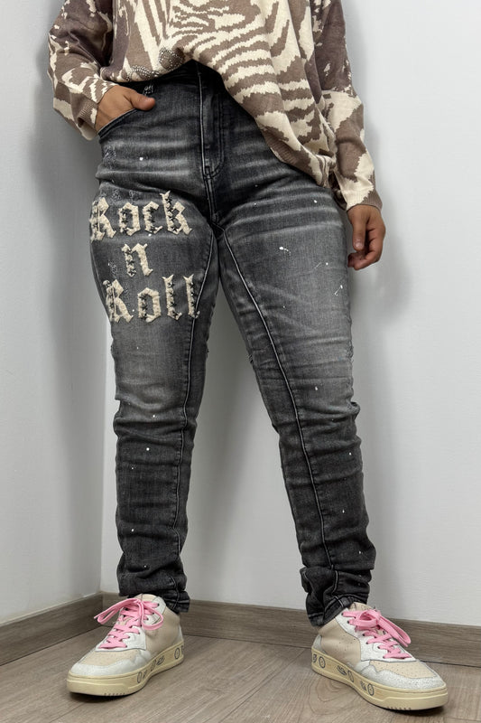 Rock ’n Roll Jeans – Schwarz im Used Look mit Nieten & Print