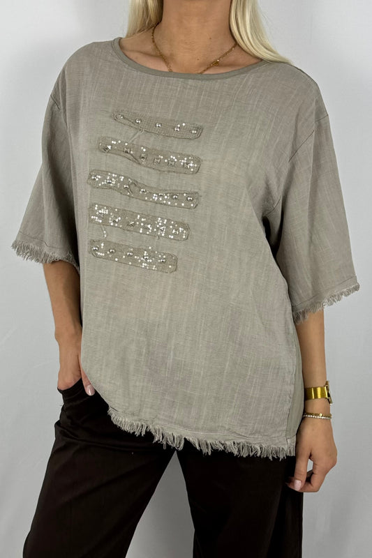 Leinen-Shirt mit Fransen & Nieten-Details-Mud