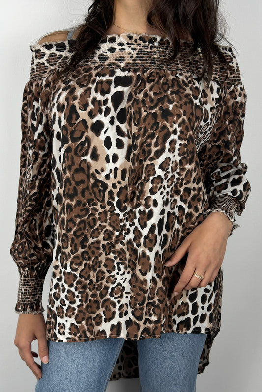 Luftige Tunika-Bluse mit Leopardenmuster und Smok-Details