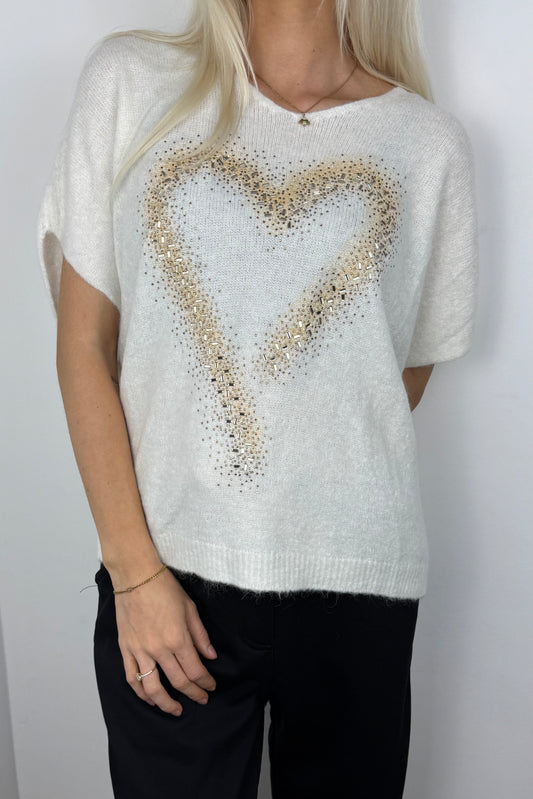 Pullover mit Herz-Design und Strassdetails –Weiß