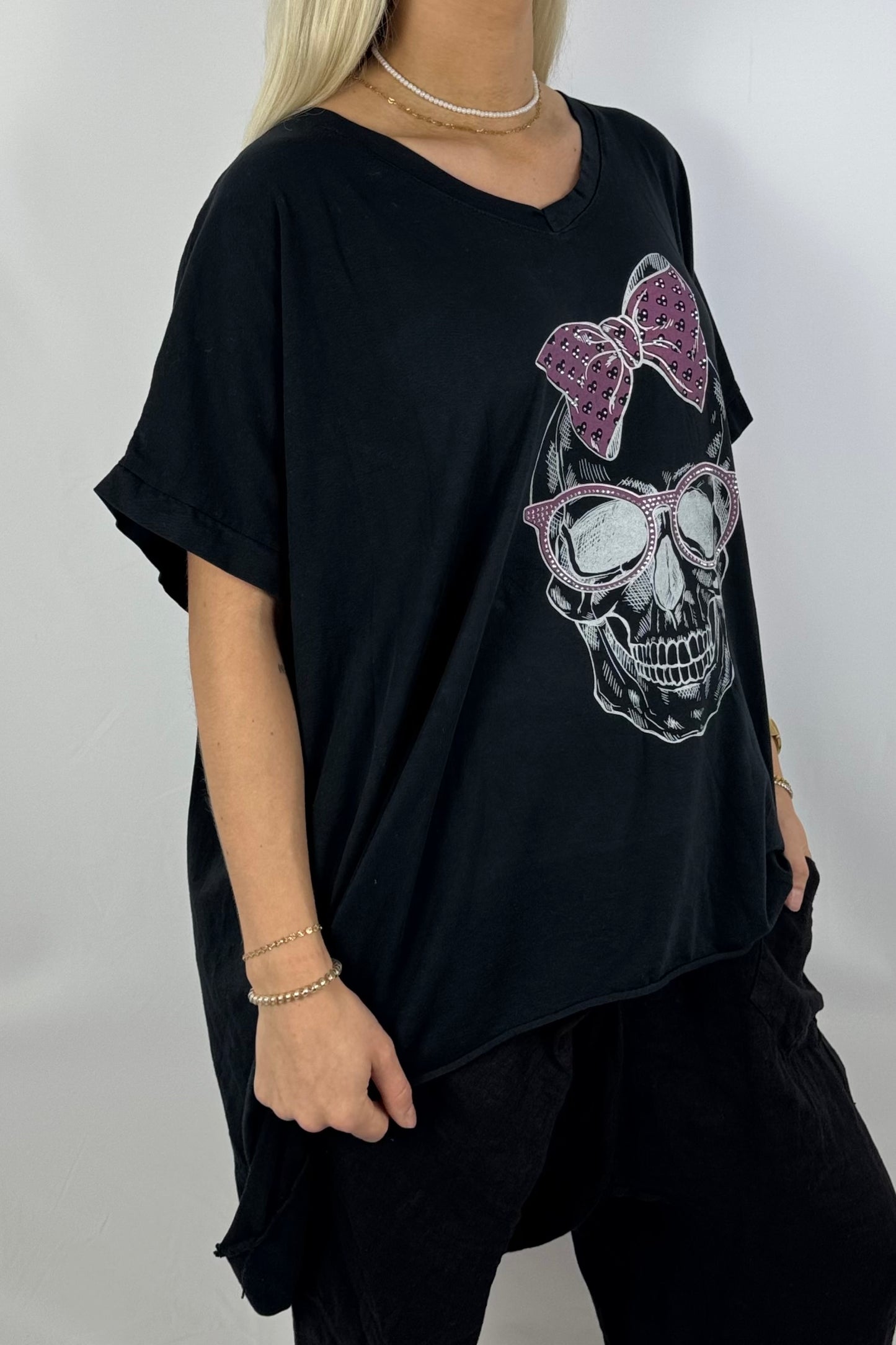 Oversize-Shirt mit Skull-Print & Neon-Details-Schwarz