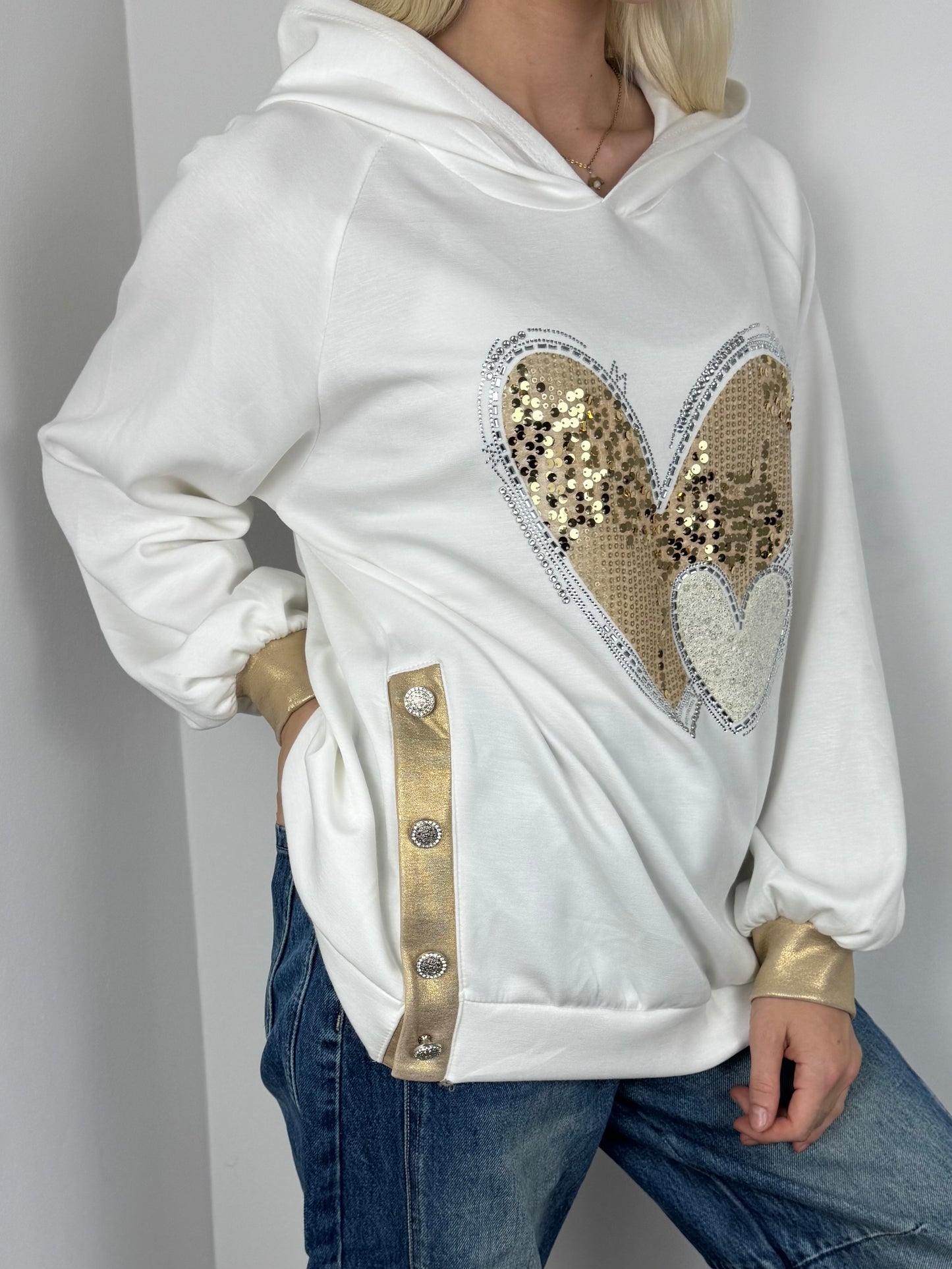 Hoodie mit Herz-Applikation und Glitzer-Details-Weiß
