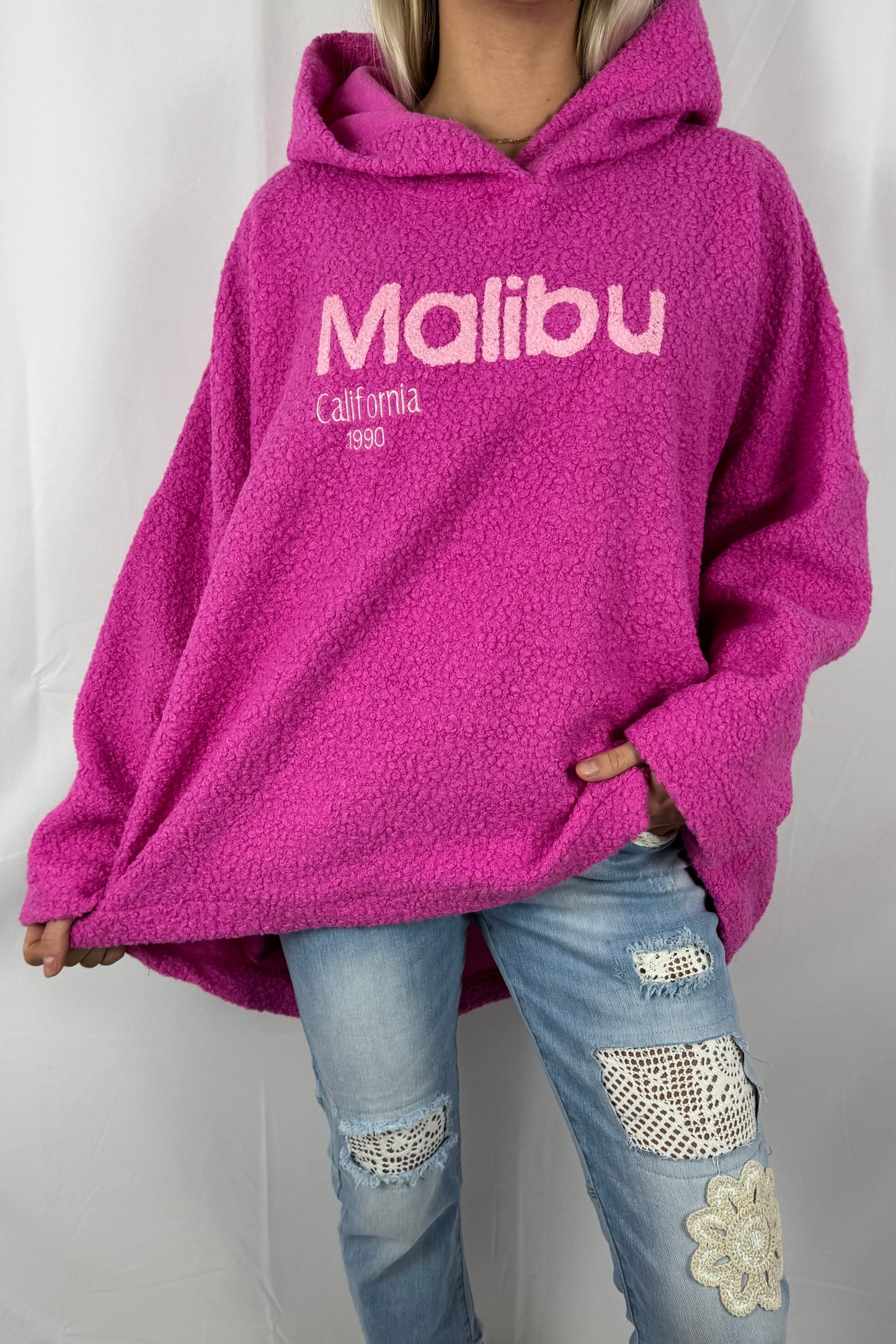 Hoodie „Malibu California 1990“ – Oversize Teddy-Pink