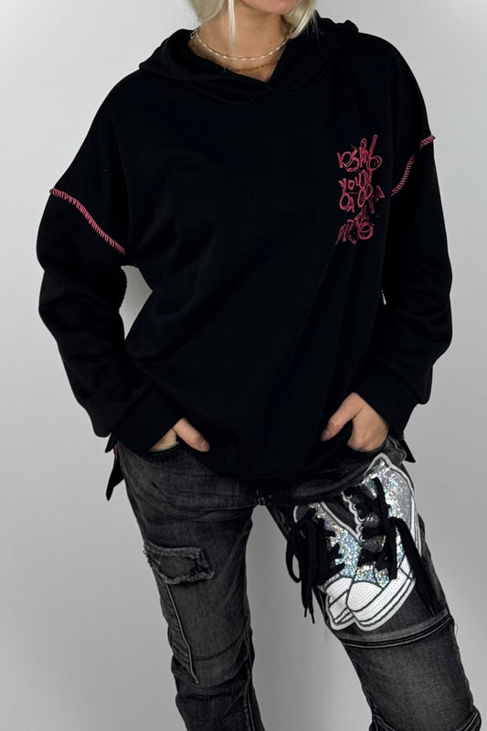 Damen-Hoodie mit Schriftprint und Ziernähten-Schwarz