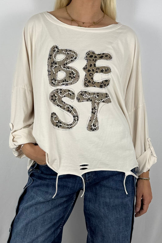 Oversize-Shirt „BEST“ mit Leo-Print und Strass-Details-Butter